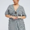 Black Check Mini Dress Tie Gingham Puff Sleeve