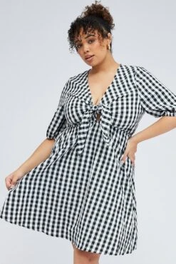 Black Check Mini Dress Tie Gingham Puff Sleeve -You And All Fashion Store cdd25322h 35ab check 3