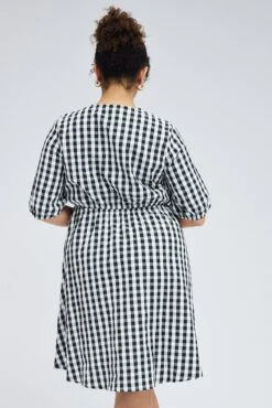 Black Check Mini Dress Tie Gingham Puff Sleeve -You And All Fashion Store cdd25322h 35ab check 5