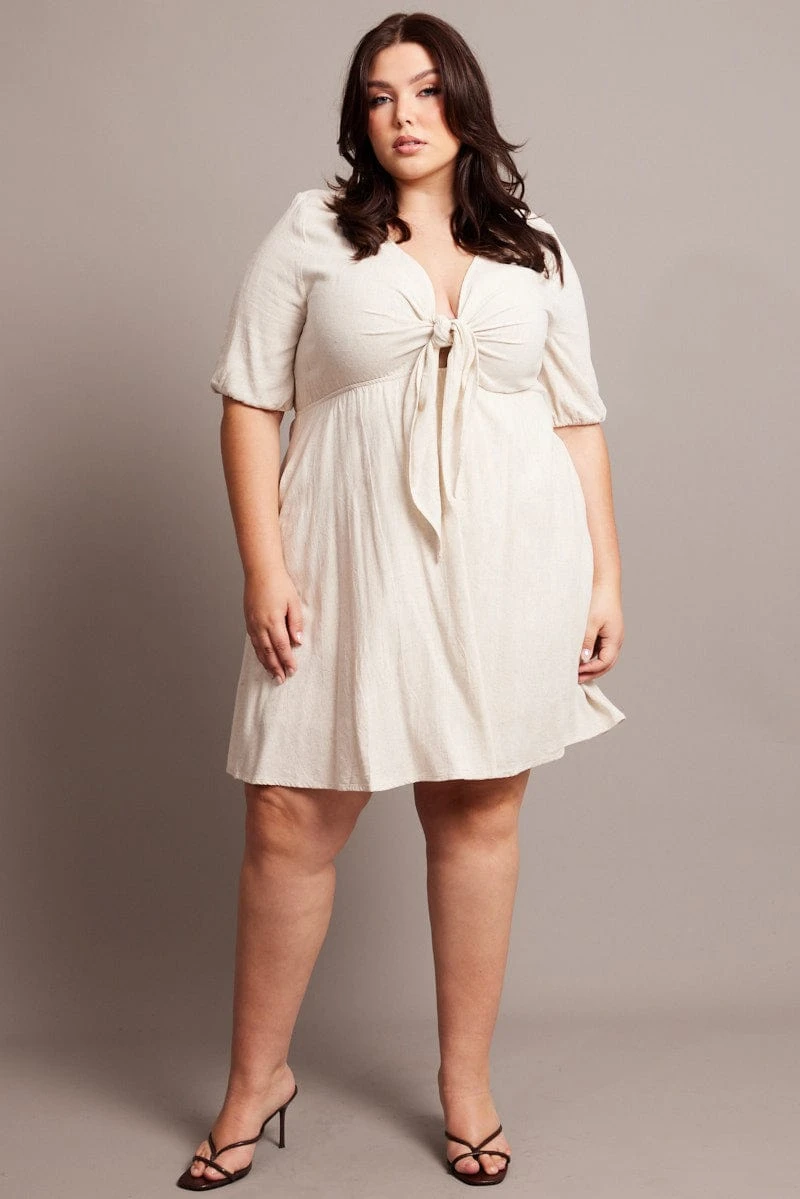 Beige Tie Front Linen Blend Minidress 2 Beige Tie Front Linen Blend Minidress - Image 2