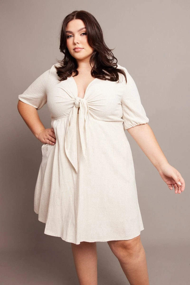 Beige Tie Front Linen Blend Minidress 3 Beige Tie Front Linen Blend Minidress - Image 3