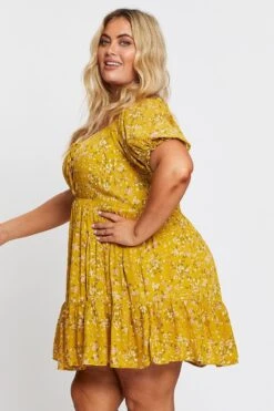 Ditsy Print Short Puff Sleeve Mustard Floral Dress -You And All Fashion Store cdd25337a 33l disty prt 4 1 1