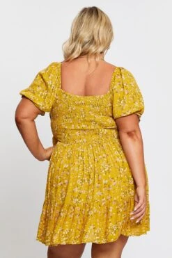 Ditsy Print Short Puff Sleeve Mustard Floral Dress -You And All Fashion Store cdd25337a 33l disty prt 5 1 1