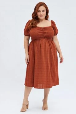 Rust Midi Dress Textured Puff Sleeve -You And All Fashion Store cdd25412d 35ab rust 3