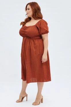 Rust Midi Dress Textured Puff Sleeve -You And All Fashion Store cdd25412d 35ab rust 4