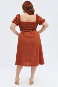 Rust Midi Dress Textured Puff Sleeve -You And All Fashion Store cdd25412d 35ab rust 5