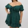 Green Polka Dot Tie Front Shirred Waist Frill Minidress