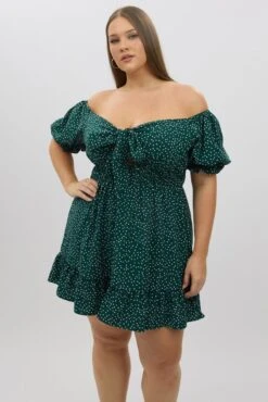 Green Polka Dot Tie Front Shirred Waist Frill Minidress