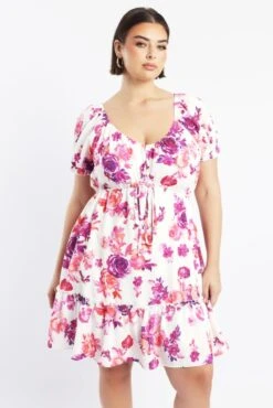 Pink Floral Frill Drawstring Bust Detail Mini Dress