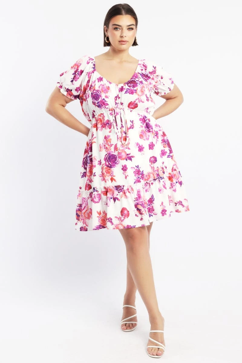 Pink Floral Frill Drawstring Bust Detail Mini Dress 2 Pink Floral Frill Drawstring Bust Detail Mini Dress - Image 2