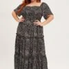 Animal Print Maxi Dress Square Neck Short Sleeve