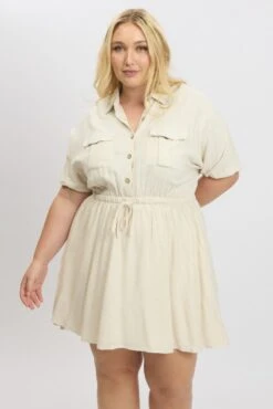 Beige Button Through Linen Blend Shirtdress