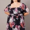 Black Floral Puff Sleeve Minidress Elastic Waist Detail