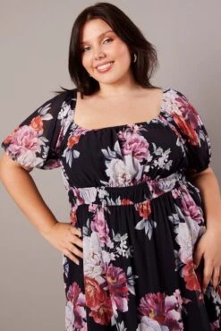 Black Floral Puff Sleeve Minidress Elastic Waist Detail -You And All Fashion Store cdd25550c 33a floral 3