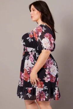 Black Floral Puff Sleeve Minidress Elastic Waist Detail -You And All Fashion Store cdd25550c 33a floral 4