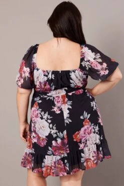 Black Floral Puff Sleeve Minidress Elastic Waist Detail -You And All Fashion Store cdd25550c 33a floral 5