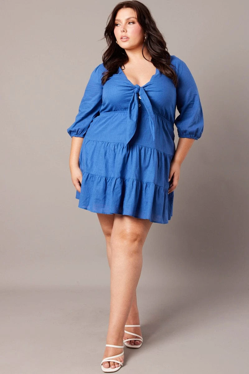 Blue Tie Front Texture Minidress 2 Blue Tie Front Texture Minidress - Image 2