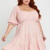 Check Short Sleeve Shirred Bust Pink Dress