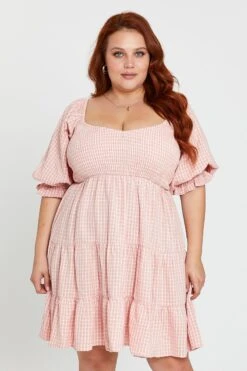 Check Short Sleeve Shirred Bust Pink Dress -You And All Fashion Store cdd25607c 33lb check 3 2