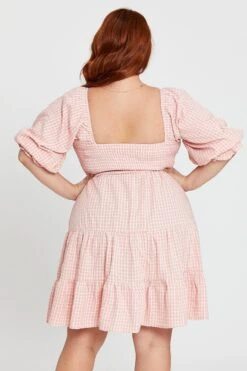 Check Short Sleeve Shirred Bust Pink Dress -You And All Fashion Store cdd25607c 33lb check 5 2