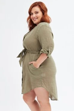 Green Cotton Shirtdress Long Tab Sleeve Textured -You And All Fashion Store cdd25611 35ab khaki 4