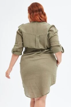 Green Cotton Shirtdress Long Tab Sleeve Textured -You And All Fashion Store cdd25611 35ab khaki 5