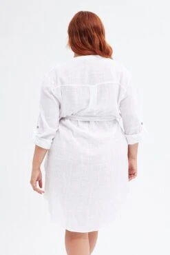 White Cotton Shirtdress Long Tab Sleeve Textured -You And All Fashion Store cdd25611 35ab white 5