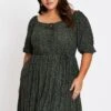 Green Animal Print 3/4 Sleeve Button Up Dress