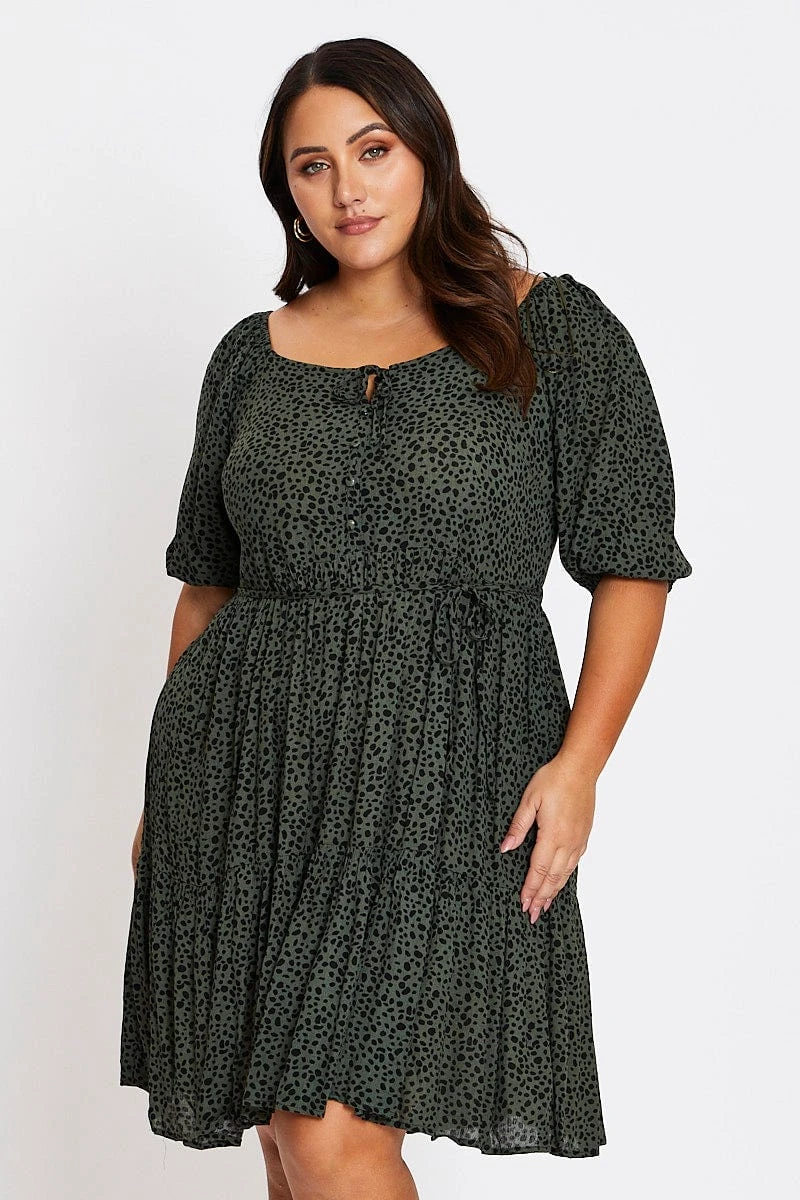 Green Animal Print 3/4 Sleeve Button Up Dress 1 Green Animal Print 3/4 Sleeve Button Up Dress