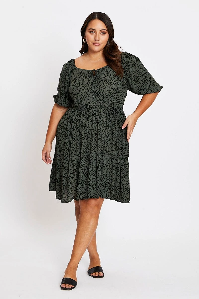 Green Animal Print 3/4 Sleeve Button Up Dress 2 Green Animal Print 3/4 Sleeve Button Up Dress - Image 2