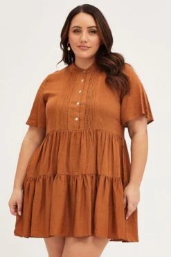 Brown Skater Dress V-neck Three-Quarter Sleeve Button -You And All Fashion Store cdd25641 35ab clay 3