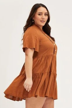 Brown Skater Dress V-neck Three-Quarter Sleeve Button -You And All Fashion Store cdd25641 35ab clay 4