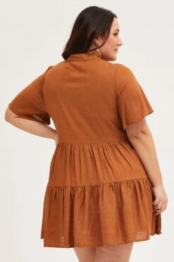Brown Skater Dress V-neck Three-Quarter Sleeve Button -You And All Fashion Store cdd25641 35ab clay 5