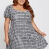 Check Short Bubble Sleeve Skater Dress
