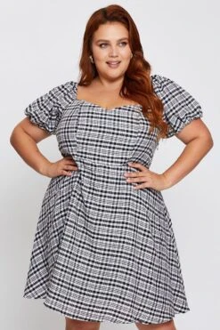 Check Short Bubble Sleeve Skater Dress -You And All Fashion Store cdd25645 34lb check 3