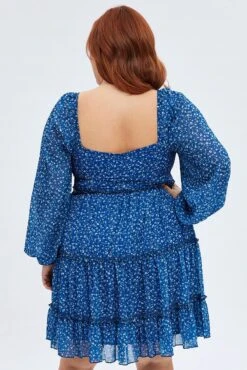 Blue Ditsy Long Sleeve Gathered Bust Dress -You And All Fashion Store cdd25651 33ab ditsy 5