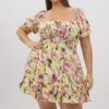 Yellow Floral Gather Waist Frill Hem Minidress