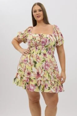 Yellow Floral Gather Waist Frill Hem Minidress