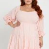 Pink Skater Dress Scoop Neck Long Sleeve Ruffle Hem
