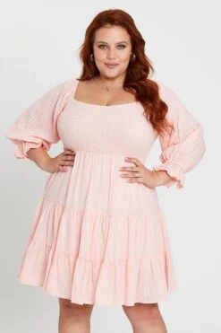 Pink Skater Dress Scoop Neck Long Sleeve Ruffle Hem -You And All Fashion Store cdd25757 33lb pink 3 2