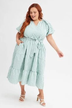 Green Check Midi Dress Gingham Tie Waist Collared -You And All Fashion Store cdd25764c 42ab check 3