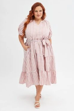 Pink Check Midi Dress Gingham Tie Waist Collared -You And All Fashion Store cdd25764lc 42ab check 3