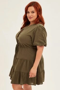 Green Skater Dress V-neck Short Sleeve Button -You And All Fashion Store cdd25780 47l khaki 4