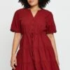 Brown Skater Dress V-neck Short Sleeve Button