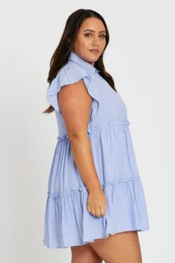 Blue Short Frill Sleeve Textured Frill Black Shirtdress -You And All Fashion Store cdd25782 33ab blue 4 1