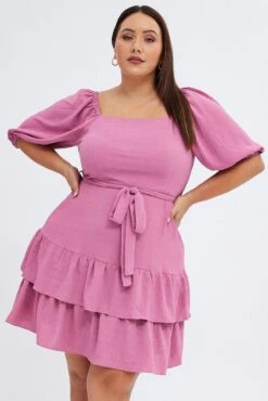 Pink Mini Dress Short Puff Sleeve Textured Waist Tie
