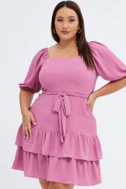 Pink Mini Dress Short Puff Sleeve Textured Waist Tie 8 Pink Mini Dress Short Puff Sleeve Textured Waist Tie -You And All Fashion Store cdd25794 36ab rose 3