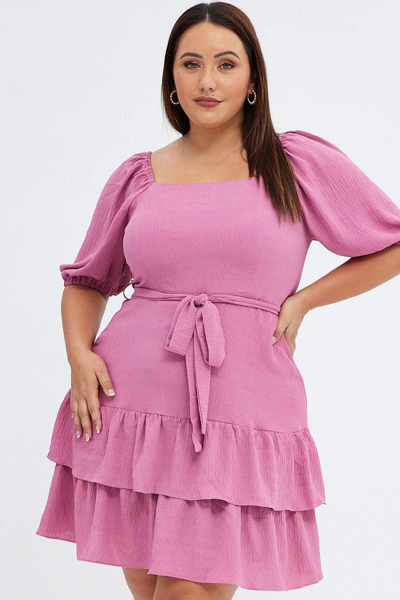 Pink Mini Dress Short Puff Sleeve Textured Waist Tie 3 Pink Mini Dress Short Puff Sleeve Textured Waist Tie - Image 3