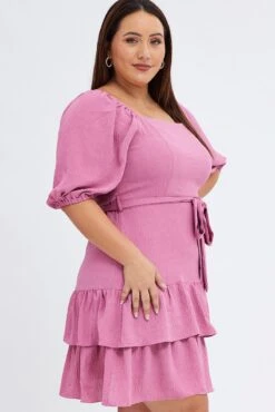Pink Mini Dress Short Puff Sleeve Textured Waist Tie 9 Pink Mini Dress Short Puff Sleeve Textured Waist Tie -You And All Fashion Store cdd25794 36ab rose 4