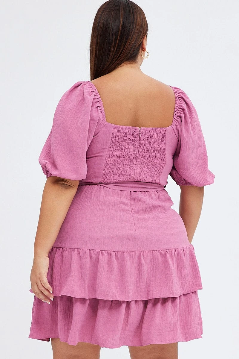 Pink Mini Dress Short Puff Sleeve Textured Waist Tie 5 Pink Mini Dress Short Puff Sleeve Textured Waist Tie - Image 5